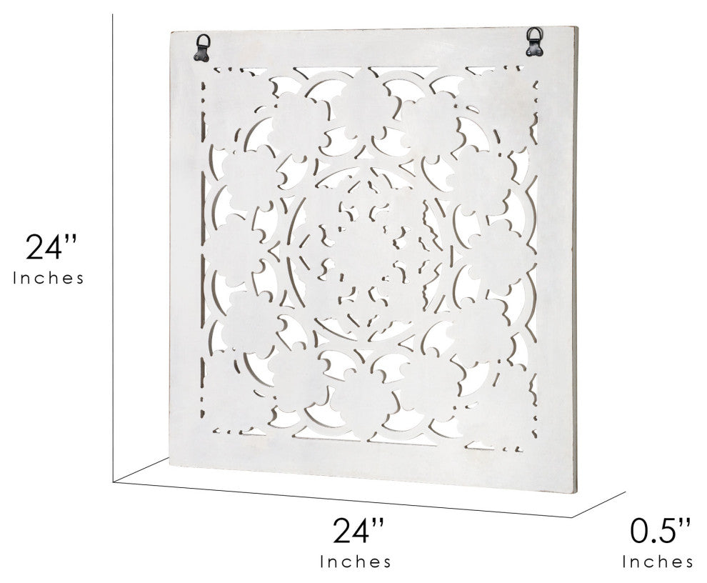 Distressed Wood Framed Square Floral White Wall Medallion  - 24" x 24"