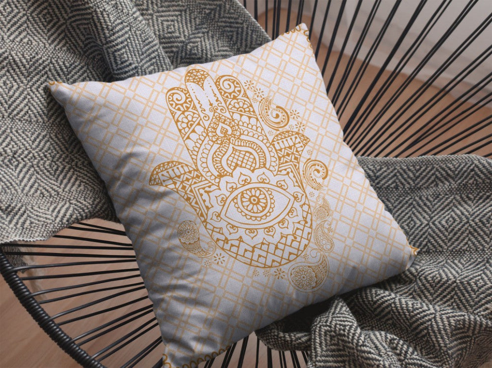 16 Gold White Hamsa Boho Suede Throw Pillow