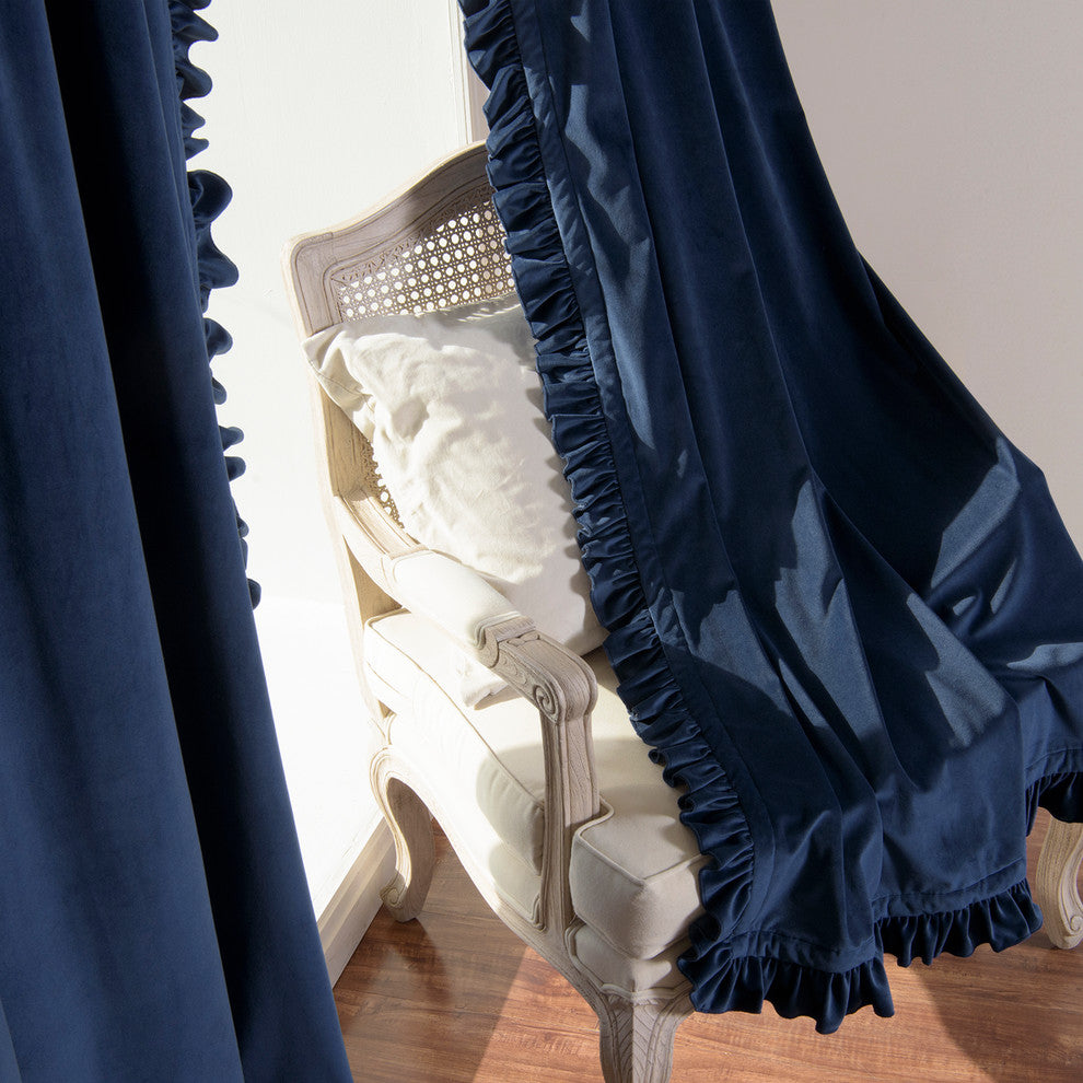 Luster Velvet Ruffle Curtains, Navy