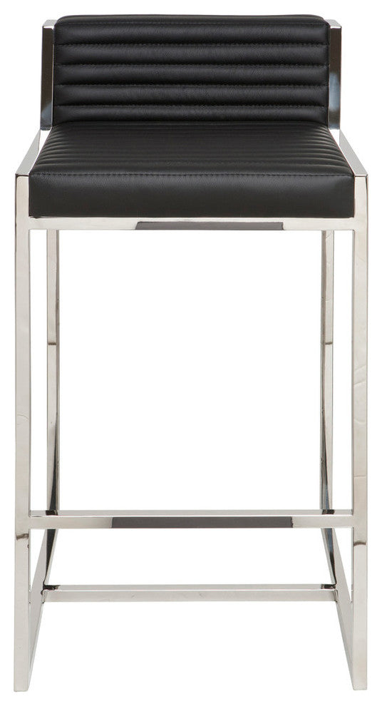 Zola Leather Bar Stool with Polished Stainless Steel Frame, Black Leather