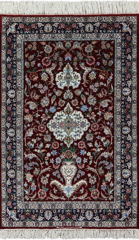 Authentic Persian Isfahan Signed Wool and Silk Hand Knotted Rug, 4'x5'