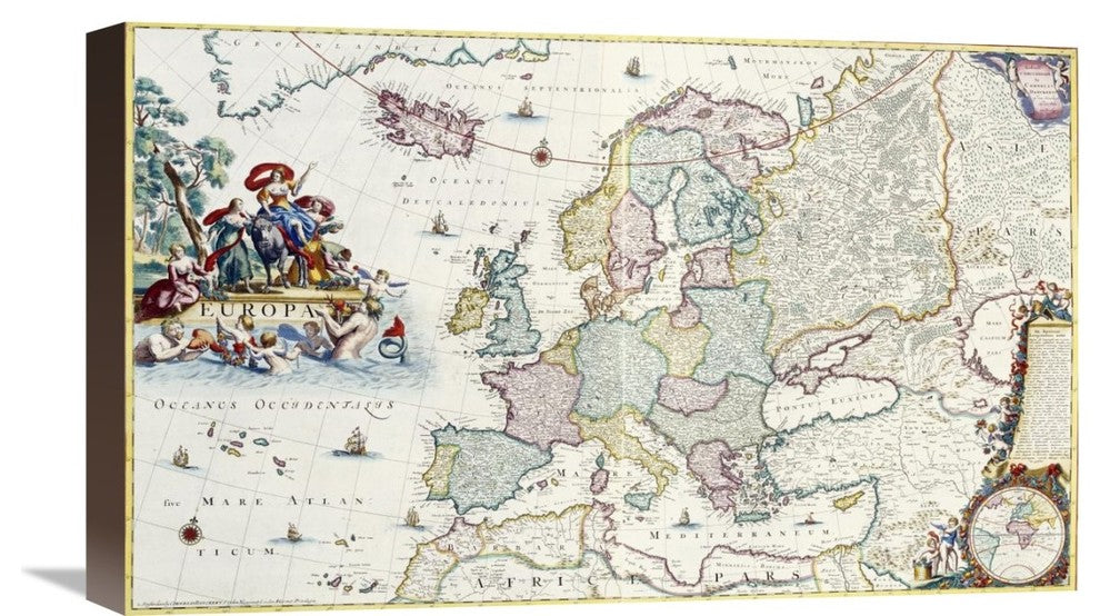 "Map of Europe" Stretched Canvas Giclee by Cornelis Danckerts, 22"x13"