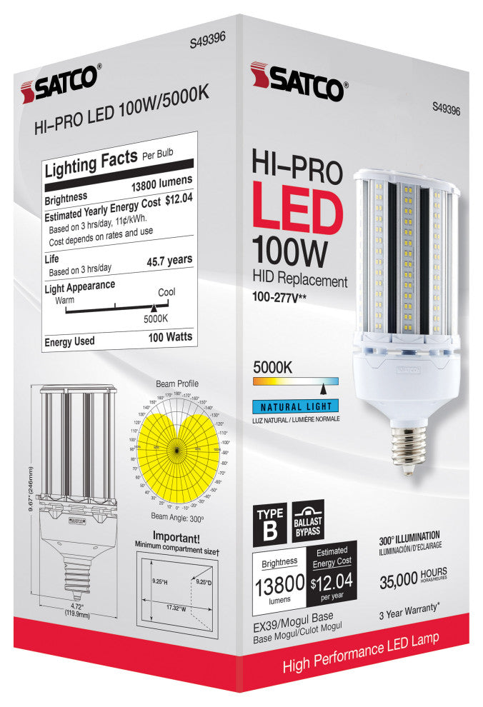 100W LED HID Replacement, 5000K, Extended Mogul Base, Type B Ballast Bypass