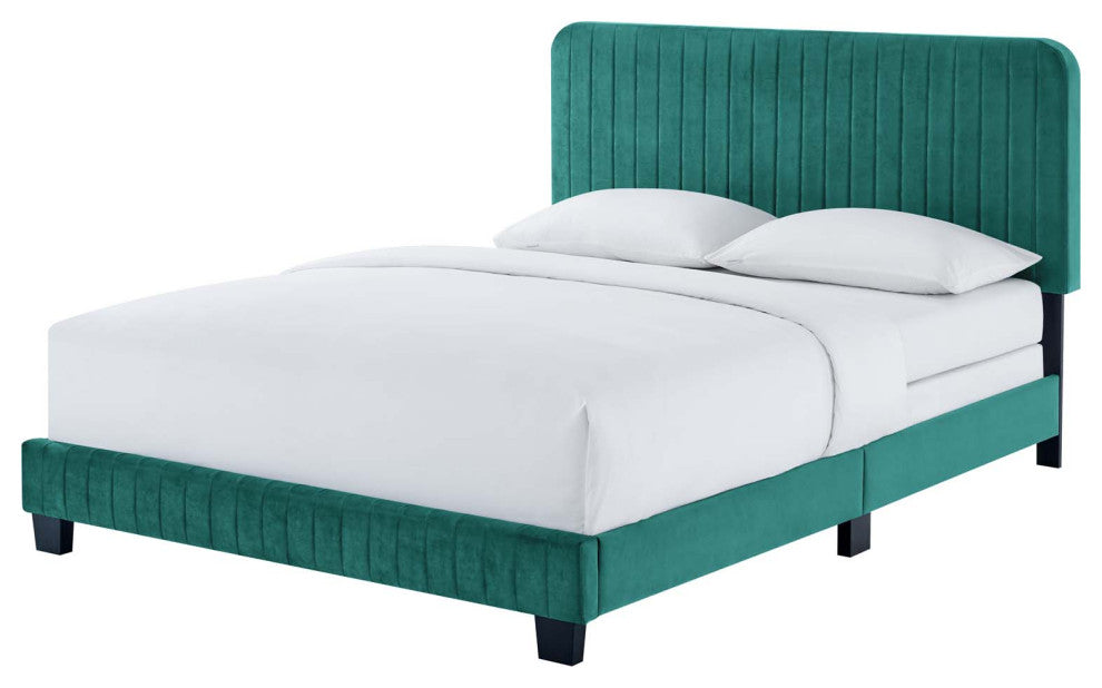 Tufted Platform Bed Frame, Full Size, Velvet, Teal Blue, Modern Contemporary