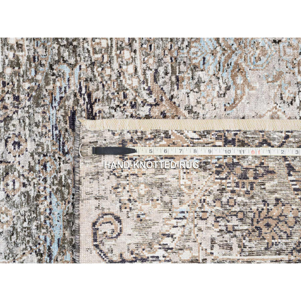 Gray Modern Silk with Textured Wool Hand Knotted Wide Runner Rug 4'0" x 12'0"