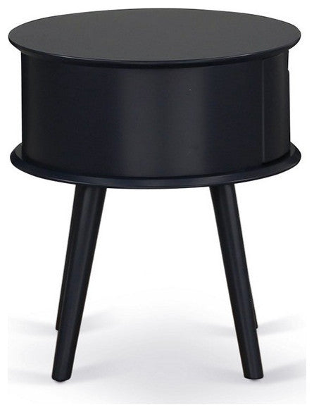 Gordon Round Night Stand End Table With Drawer, Black Finish