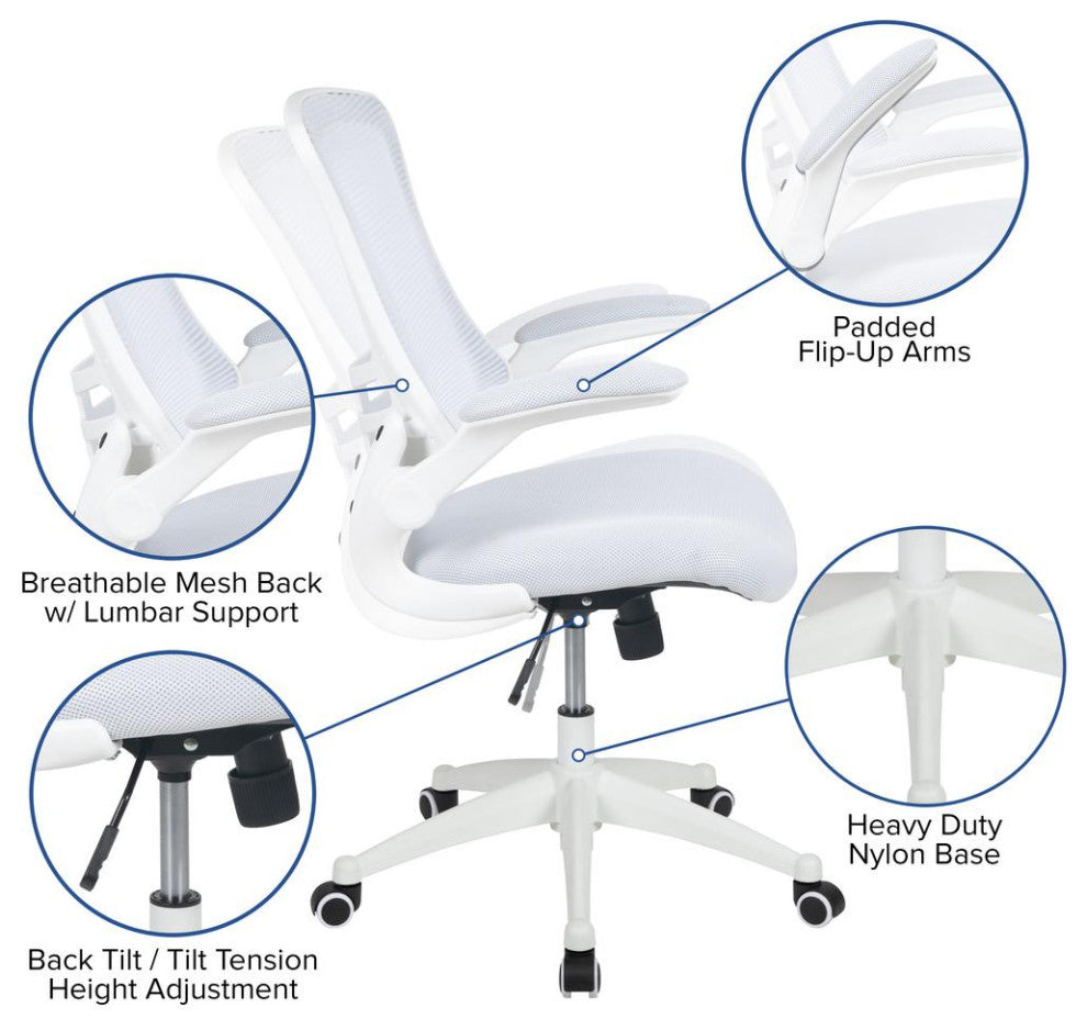 Mid-Back White Mesh Swivel Ergonomic Task Office Chair with White Frame and...