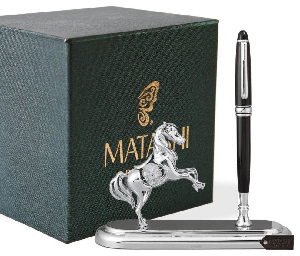 Chrome Plated Executive Desk Set With Pen and Silver Horse Ornament