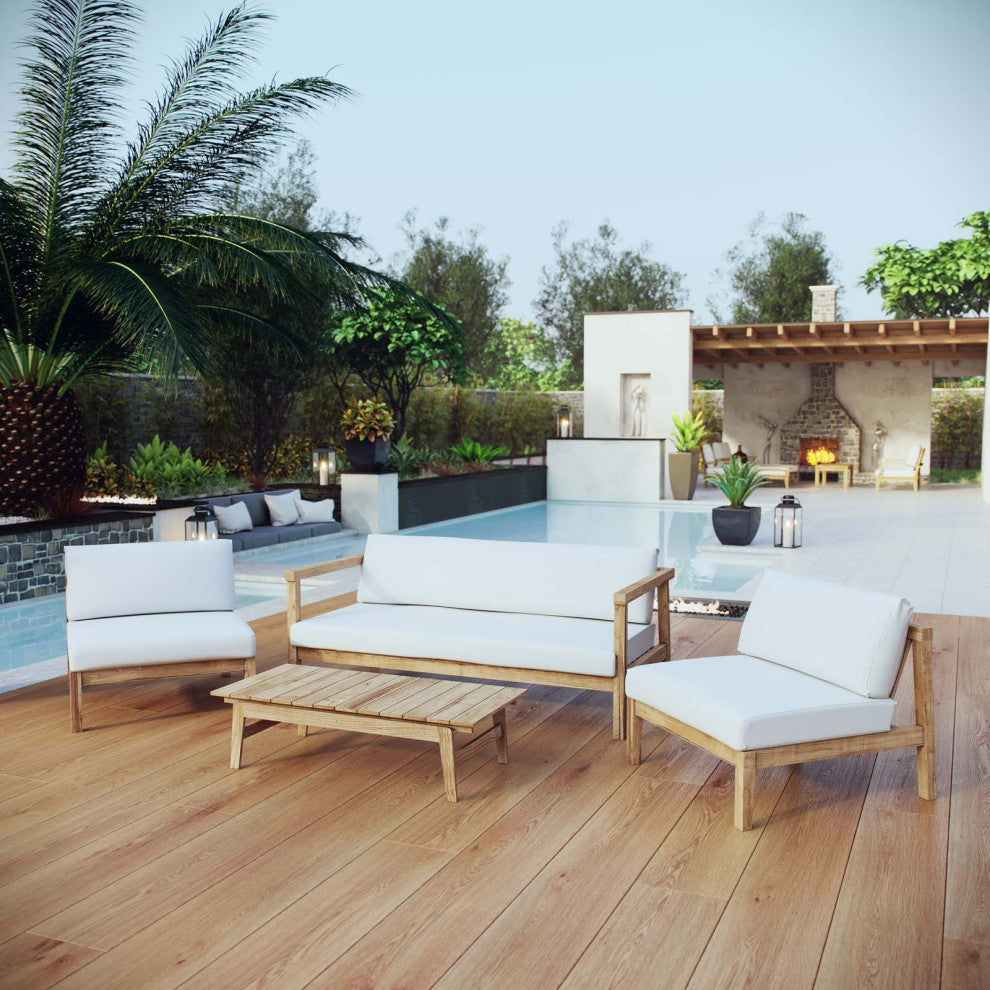 Sectional Sofa Chair Table Set, White Natural, Teak Wood, Modern, Outdoor Patio