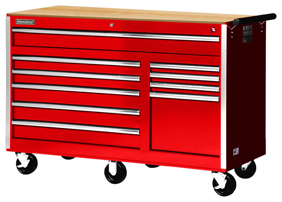 56" 10-Drawer deep Tool Cabinet With Hardwood Top, Red
