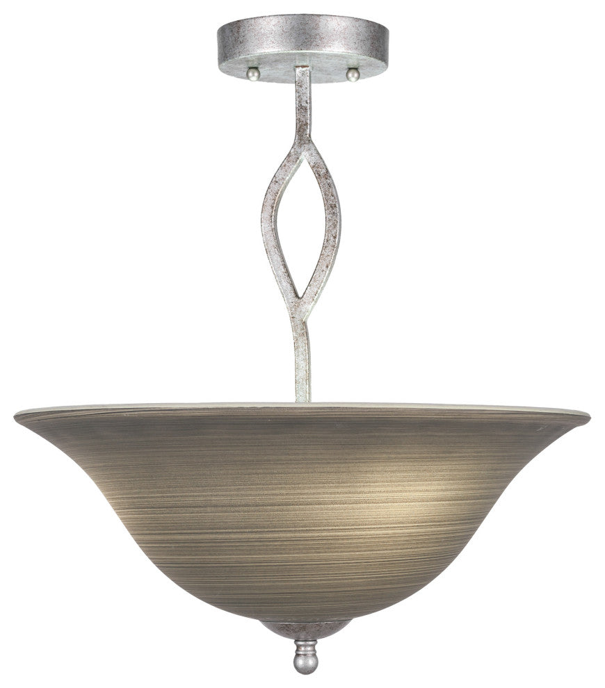 Revo Semi-Flush With 3 Bulbs, With 16" Gray Linen Glass, Aged Silver