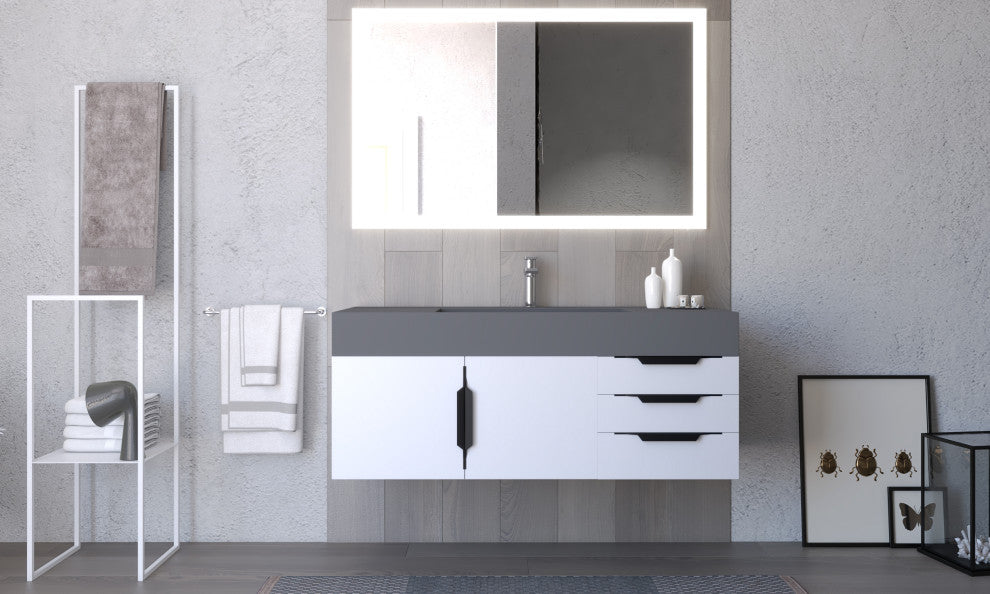 CastelloUSA Amazon 48" Wall Mounted Vanity Set, White, Gray Top, Black Handles