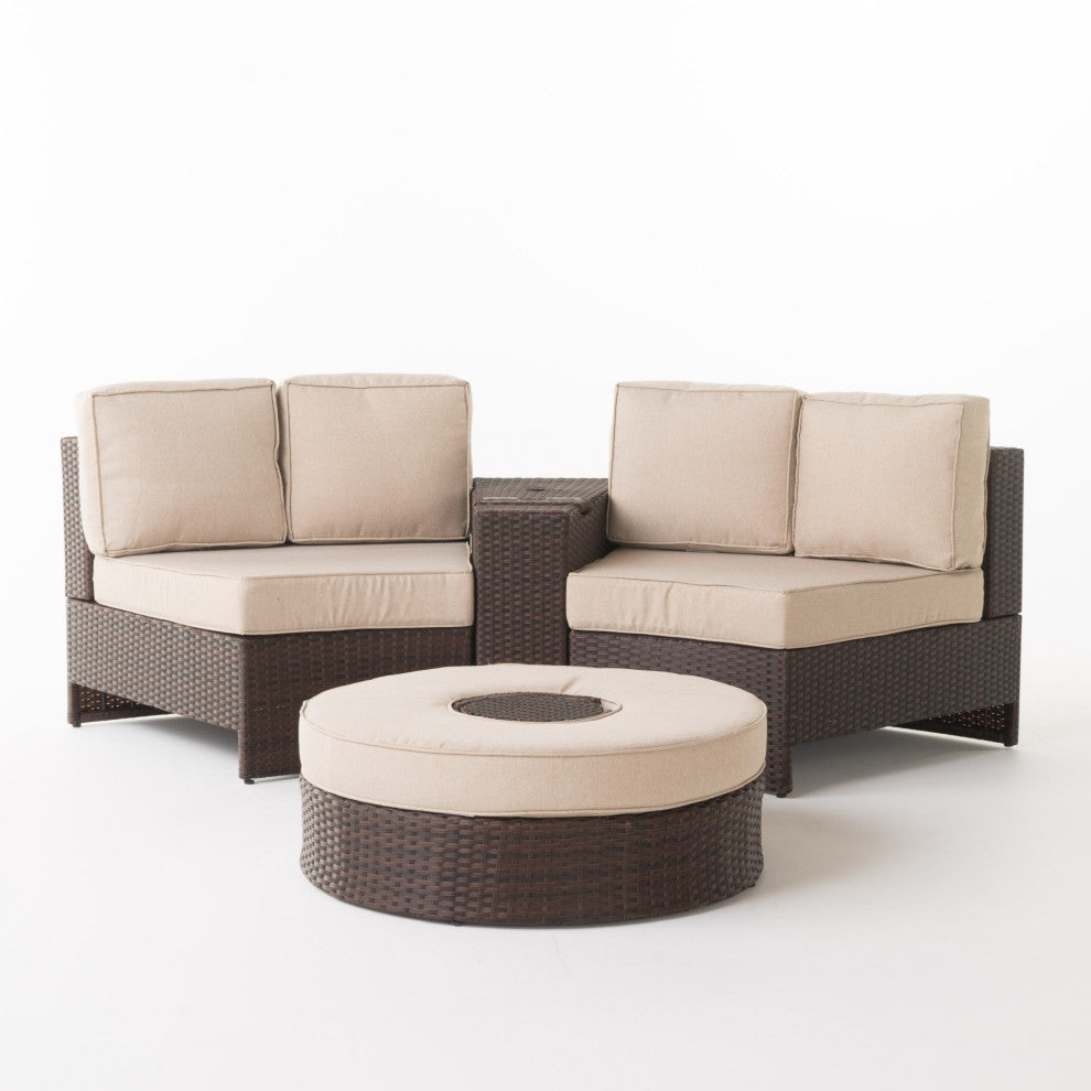 GDF Studio 4-Piece Riviera Otranto Patio Semicircular Sectional, Cushions, Textured Beige, Ice Bucket Center Ottoman