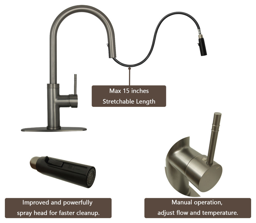 Akicon™ Copper Pull Out Kitchen Faucet With Deck Plate, Single Level Solid Brass, Gun Black