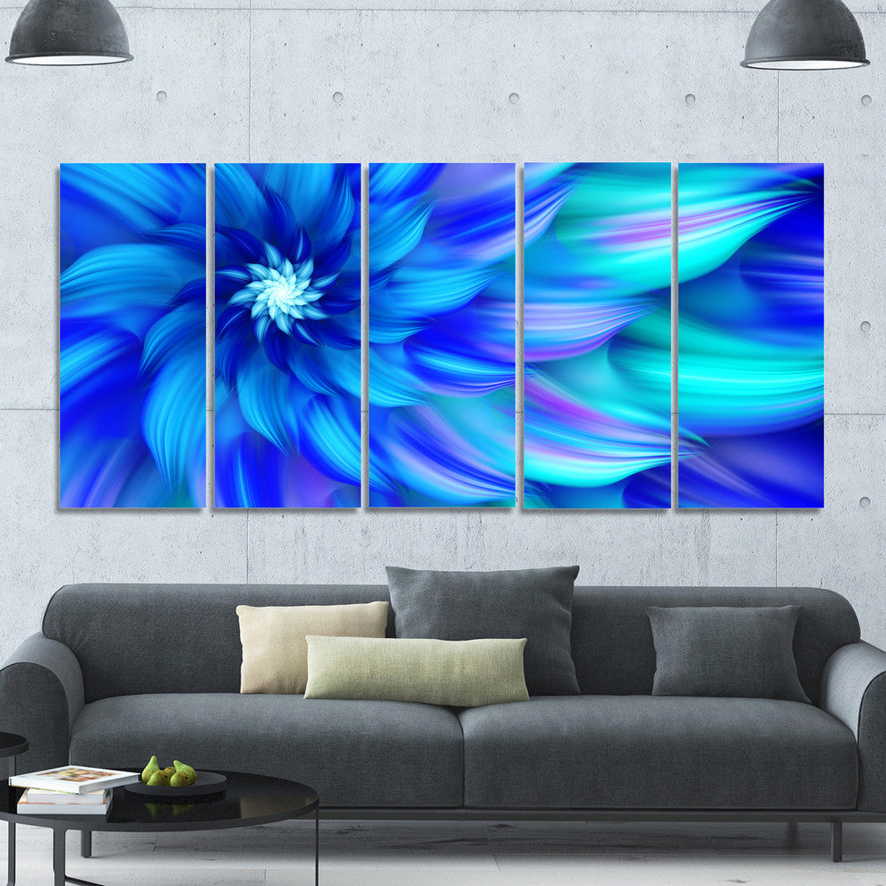 Massive Blue Fractal Flower, Floral Canvas Art Print, 60"x28", 5 Panels