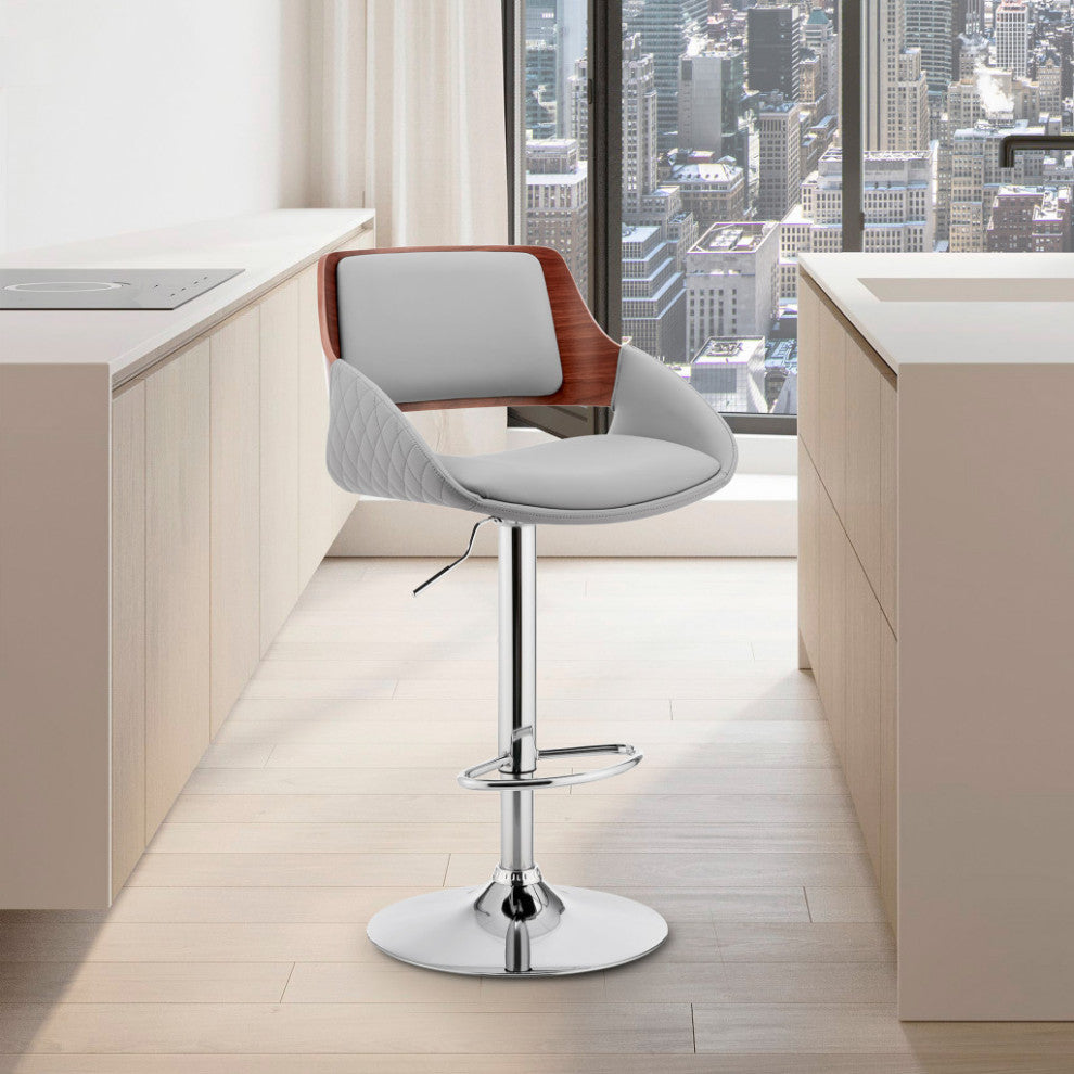 Gray Faux Leather Adjustable Chrome Swivel Bar Stool