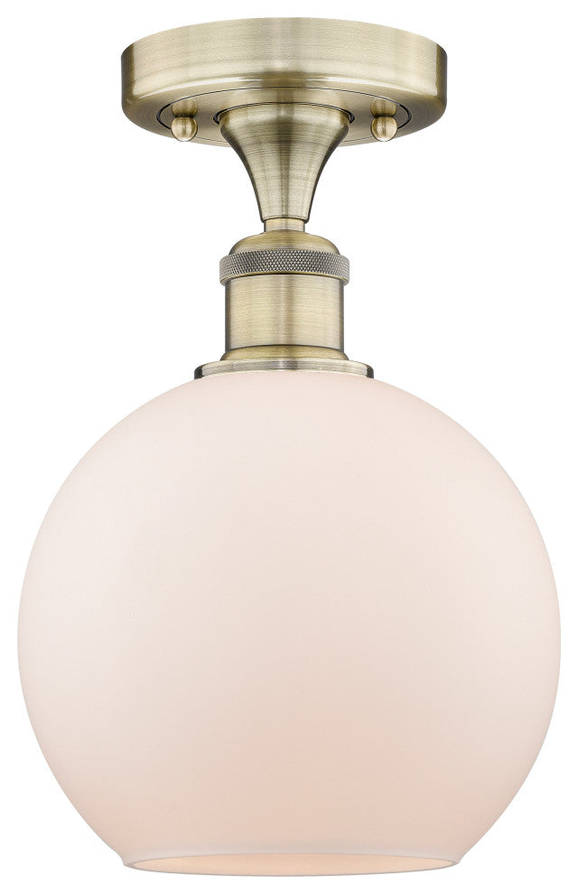 Athens-1 Light 8" Semi-Flush Mount-Antique Brass, Matte White Glass Shade