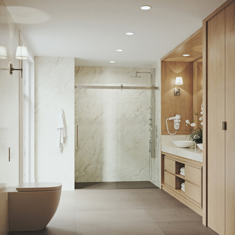 VIGO Caspian 59" to 61" W x 74" H Frameless Sliding Shower Door, Chrome, Clear Glass