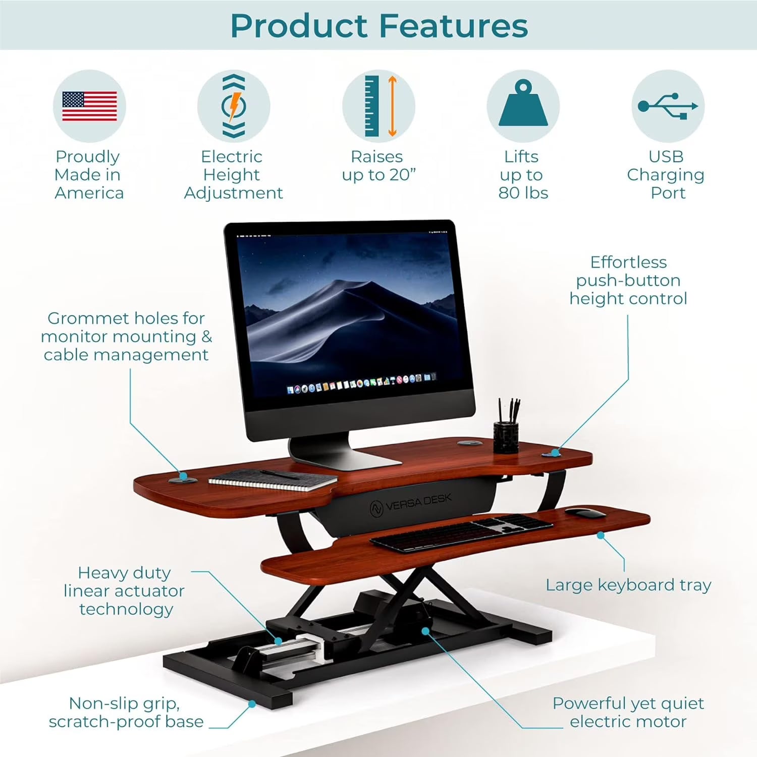 VersaDeskÂ® PowerProÂ® Electric Height Adjustable Standing Desk Converter, Cherry, 48''