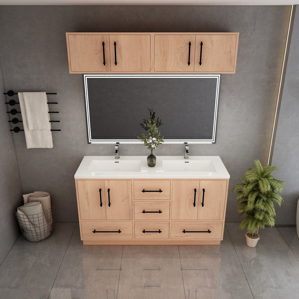 Victoria 60" Solid Wood Vanity Double Sink, Overhead Cabinet, Red Oak