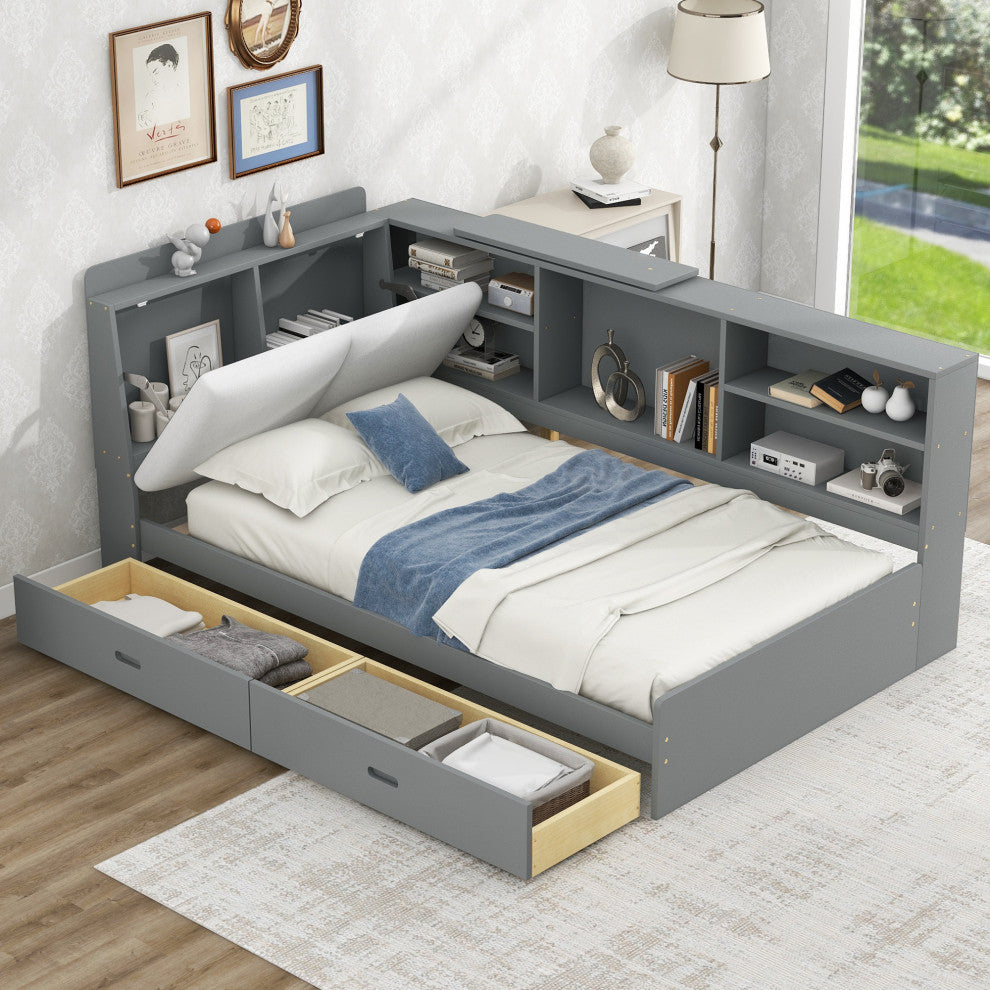 Gewnee Wood Twin Size platform bed with Storage Headboard