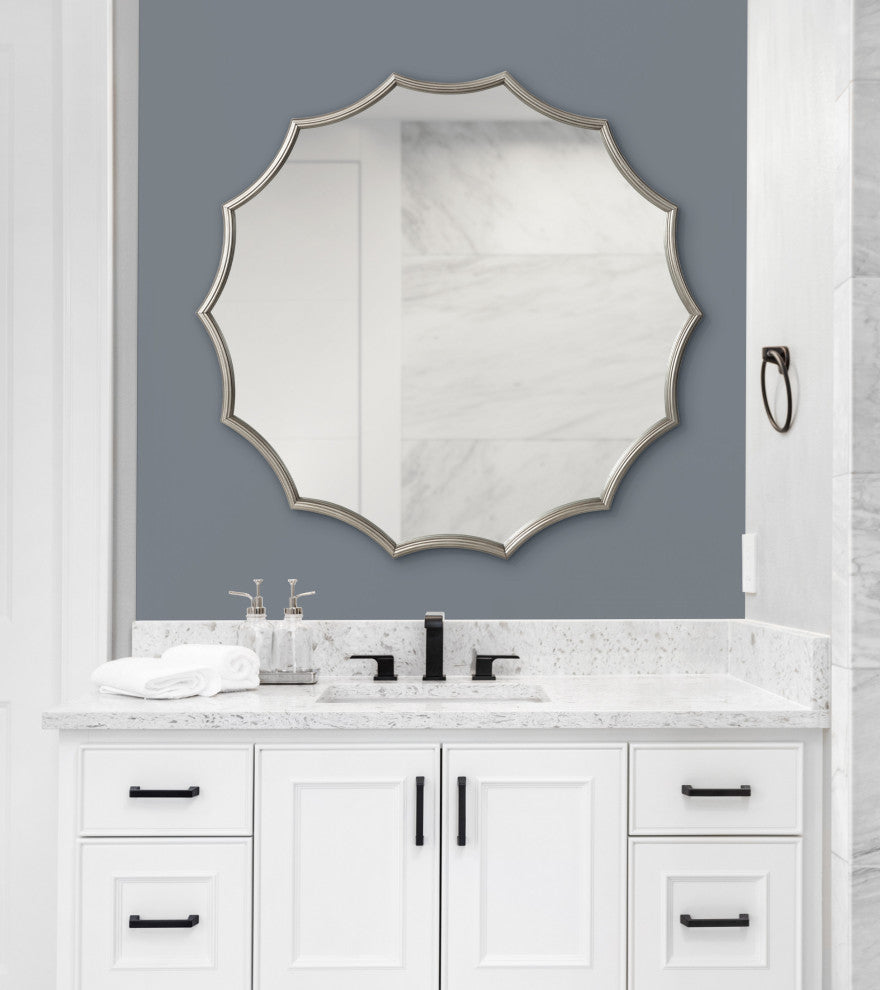 Lalina Scalloped Round Framed Accent Mirror, Silver 33.5" Diameter