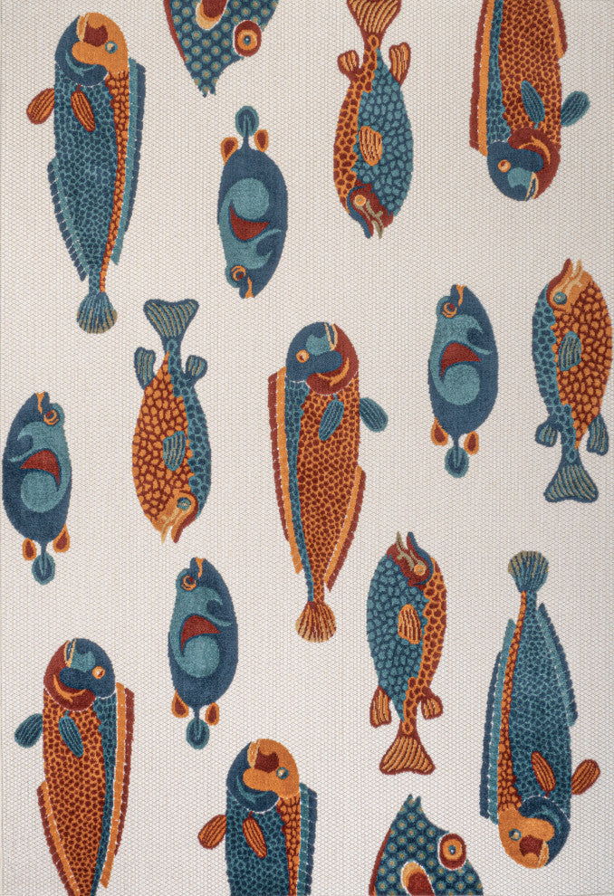 Algarve Modern Fish High-Low Indoor/Outdoor Area Rug, Navy/Orange/Cream, 5 X 8