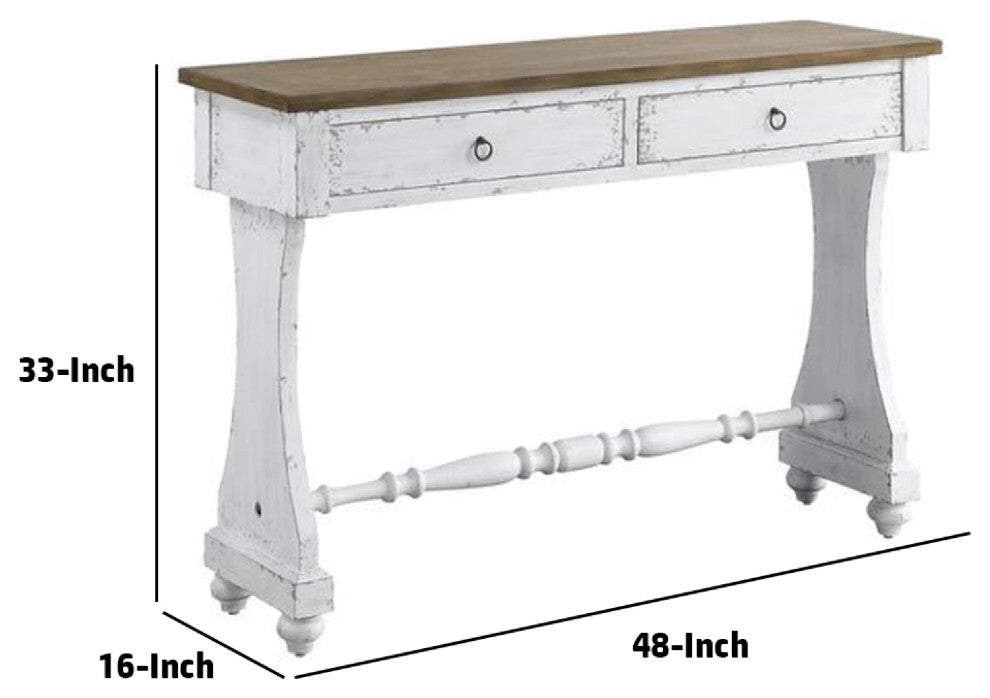 Benzara BM273238 48" 2 Drawer Console Table, Ring Metal Handle, Distressed White