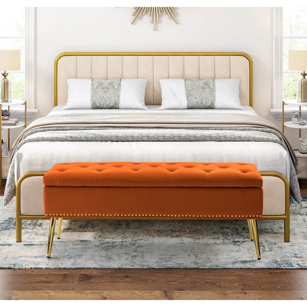 Button-tufted Storage Bench with Nailhead Trim, Orange