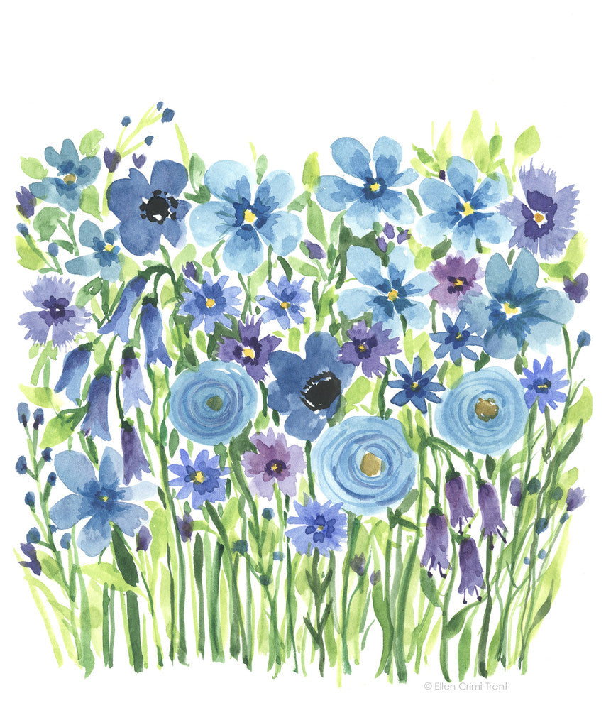 Watercolor Floral Print, Blue, 8"x11"