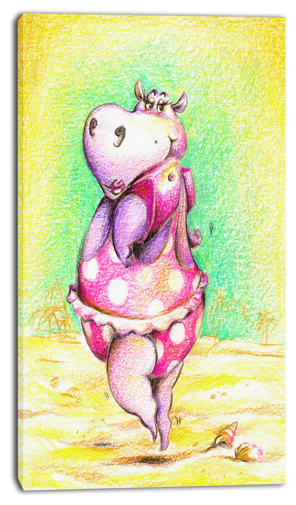 Cute Hippo Goes Swimming, Abstract Canvas Art Print, 16"x32"