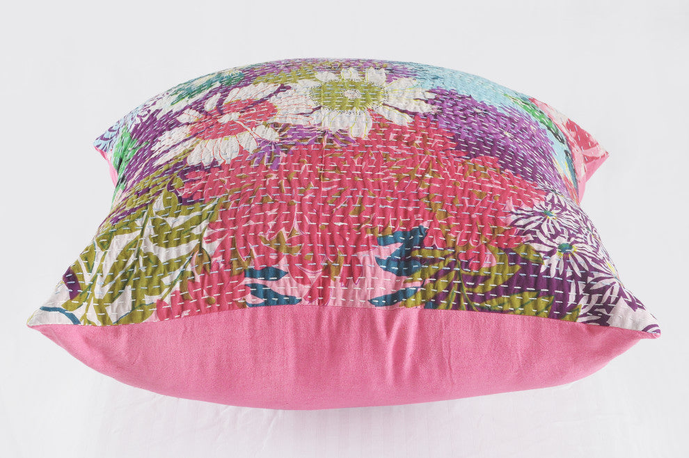 Floral Garden Kantha Throw Pillow