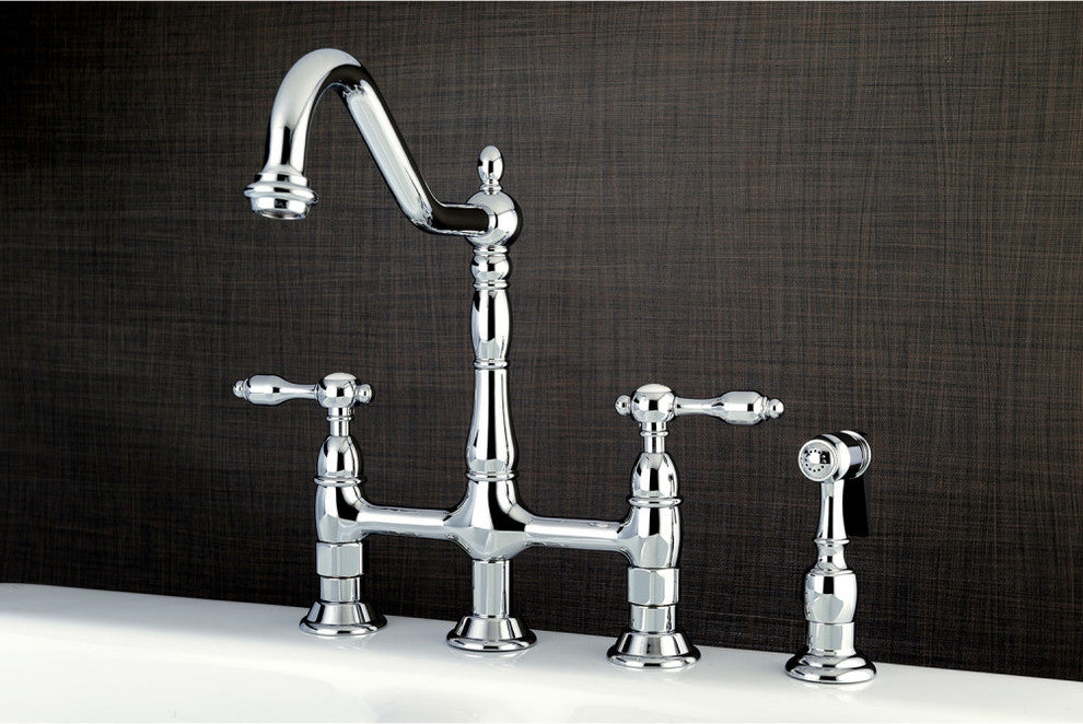 Kingston Brass Bridge Kitchen Faucet With Brass Sprayer, Polished Chrome
