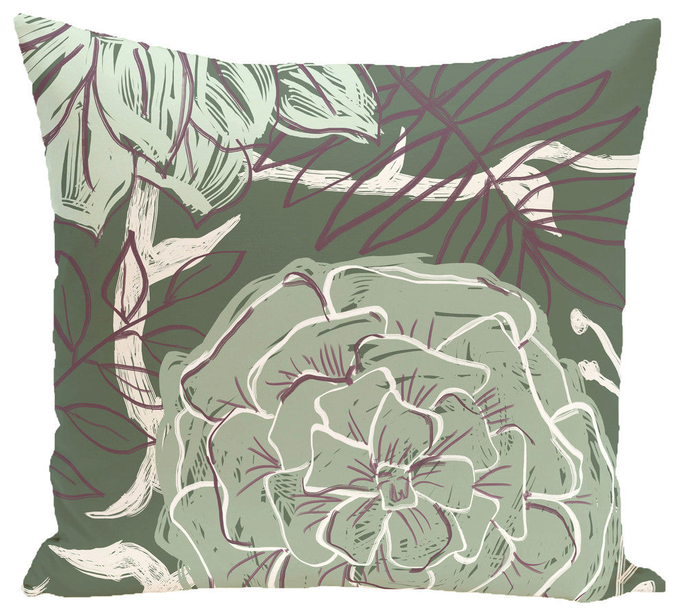 Flowers And Fronds Floral Print Pillow, Herb Green, 16"x16"