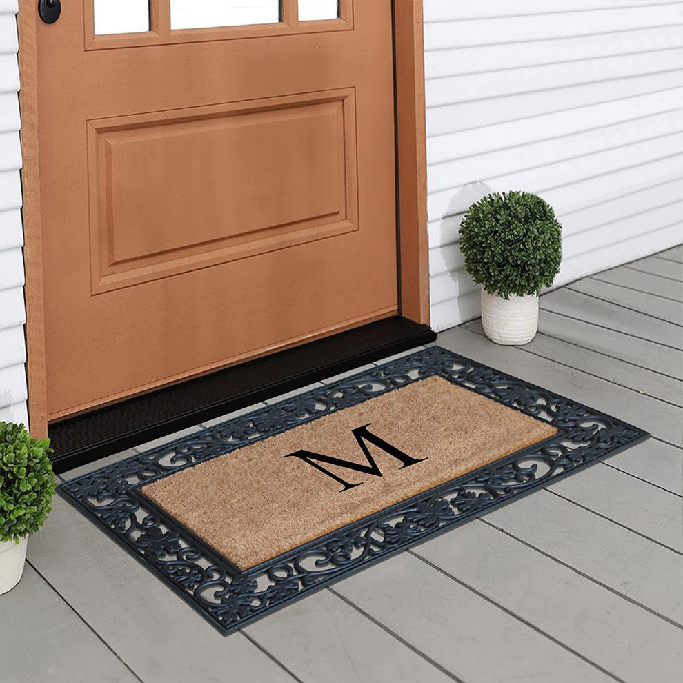 A1HC Floral Border Black 18x30 Rubber and Coir Heavy Duty Monogrammed Doormat, M