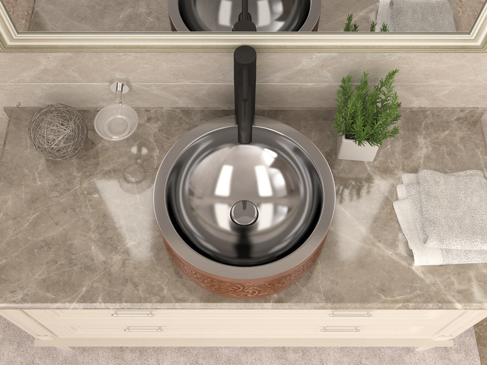 Fleet 16" Handmade Sink, Polished Antique Copper, Floral Design Exterior