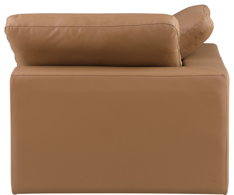 Comfy Beige Linen Textured Fabric Modular Chair, Cognac, Vegan Leather, Corner Chair