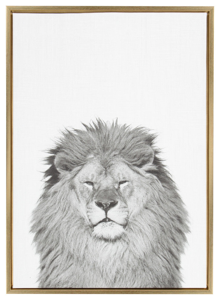 Sylvie Lion Portrait Framed Canvas Wall Art by Simon Te Tai, Gold 23x33