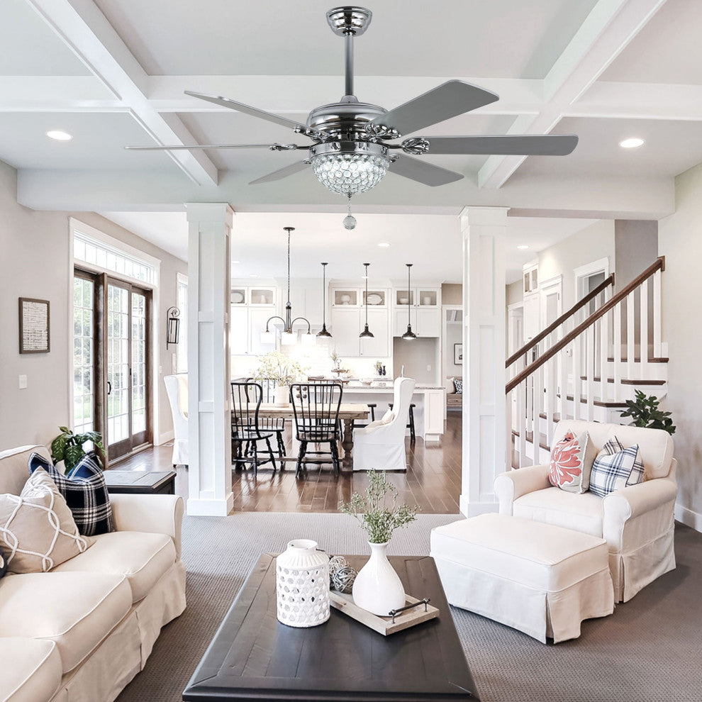 65" Modern Crystal Ceiling Fan with Dimmable LED Light and Remote, Silver