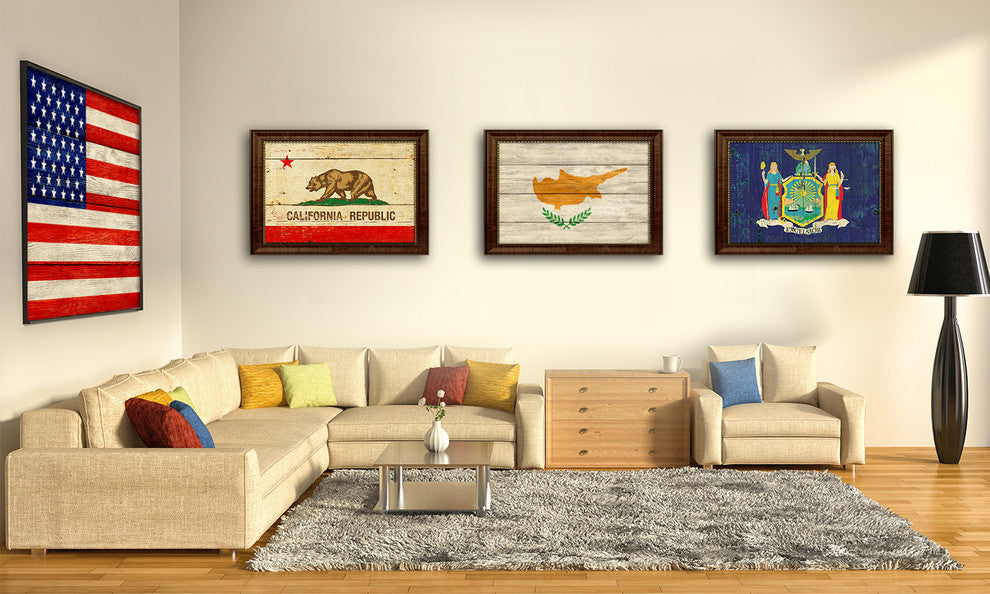 Cyprus Country Textured Flag Print With Brown Gold Frame, 15"X21"