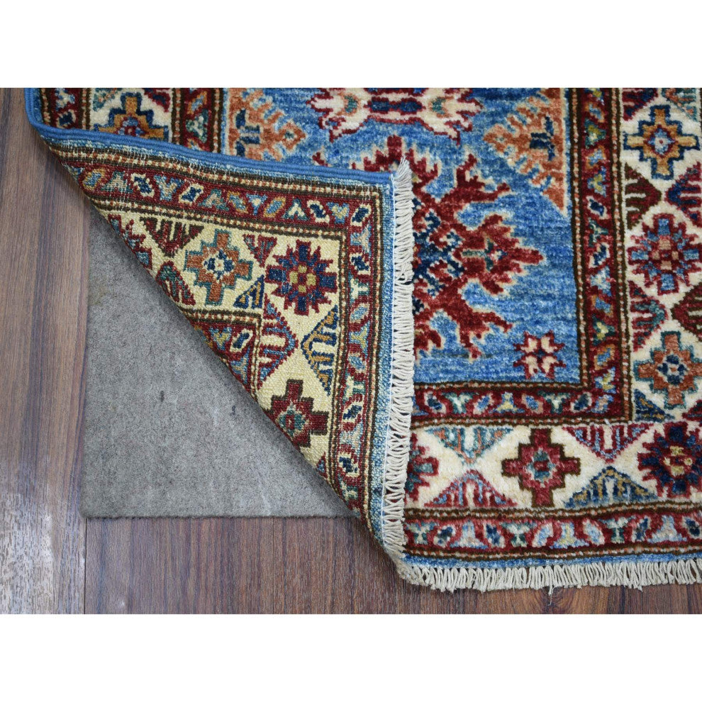 Blue Pure Wool Hand Knotted Geometric Caucasian Super Kazak Mat Rug, 2'1"x2'10"