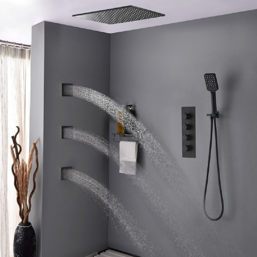 Black Shower System Large Rainfall Shower Head with Hand Shower and 3 Body Jets, 16 Inches With Thermostatic Shower Valve