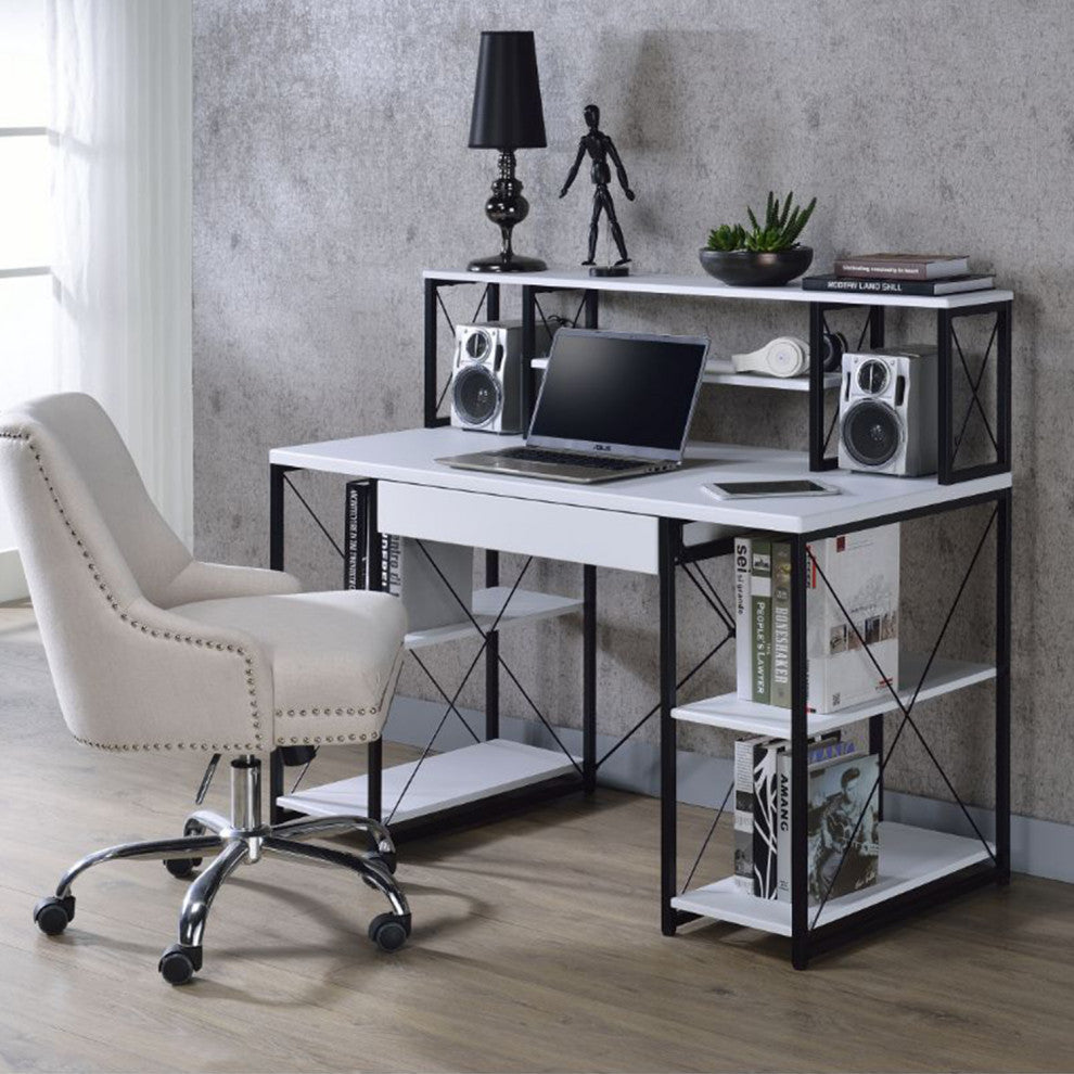 Wooden Writing Desk With Open Shelves, White