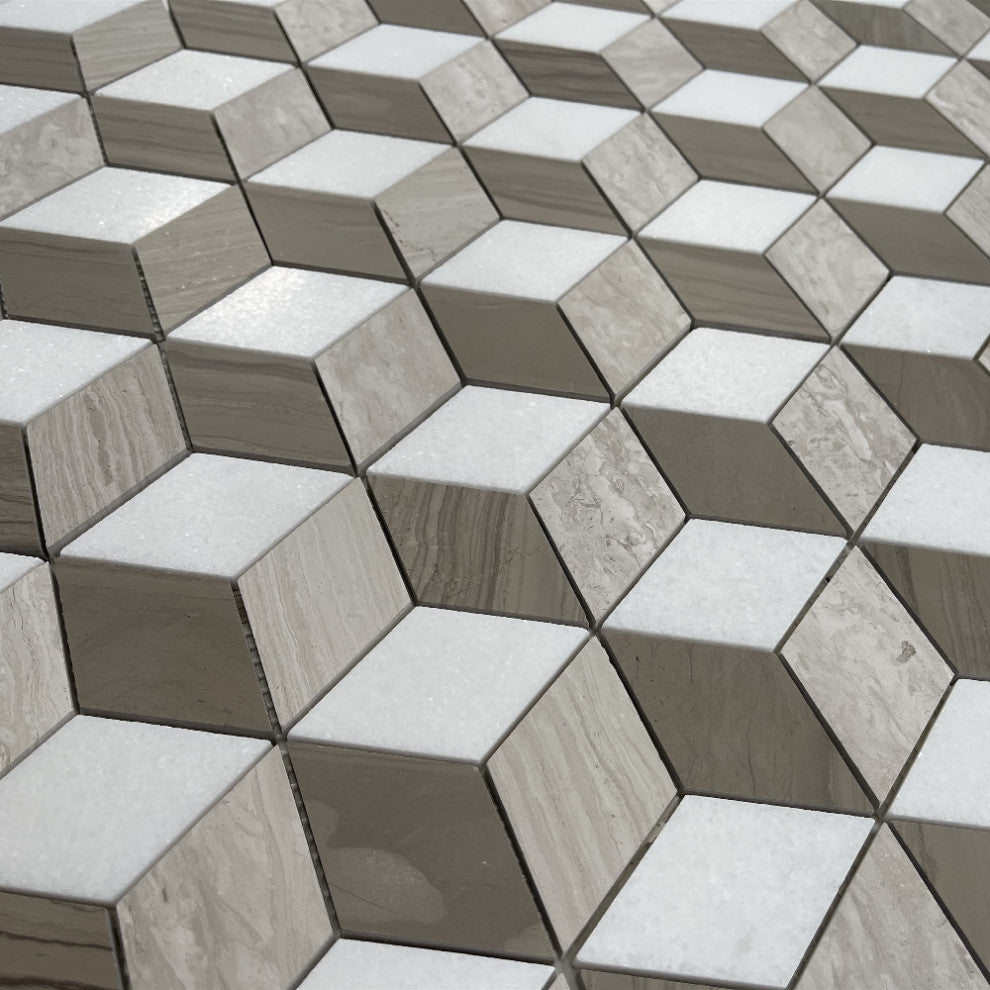 Athens Silver Cream Marble 3D Cube Diamond Geometry Hex Mosaic Tile, 1 sheet