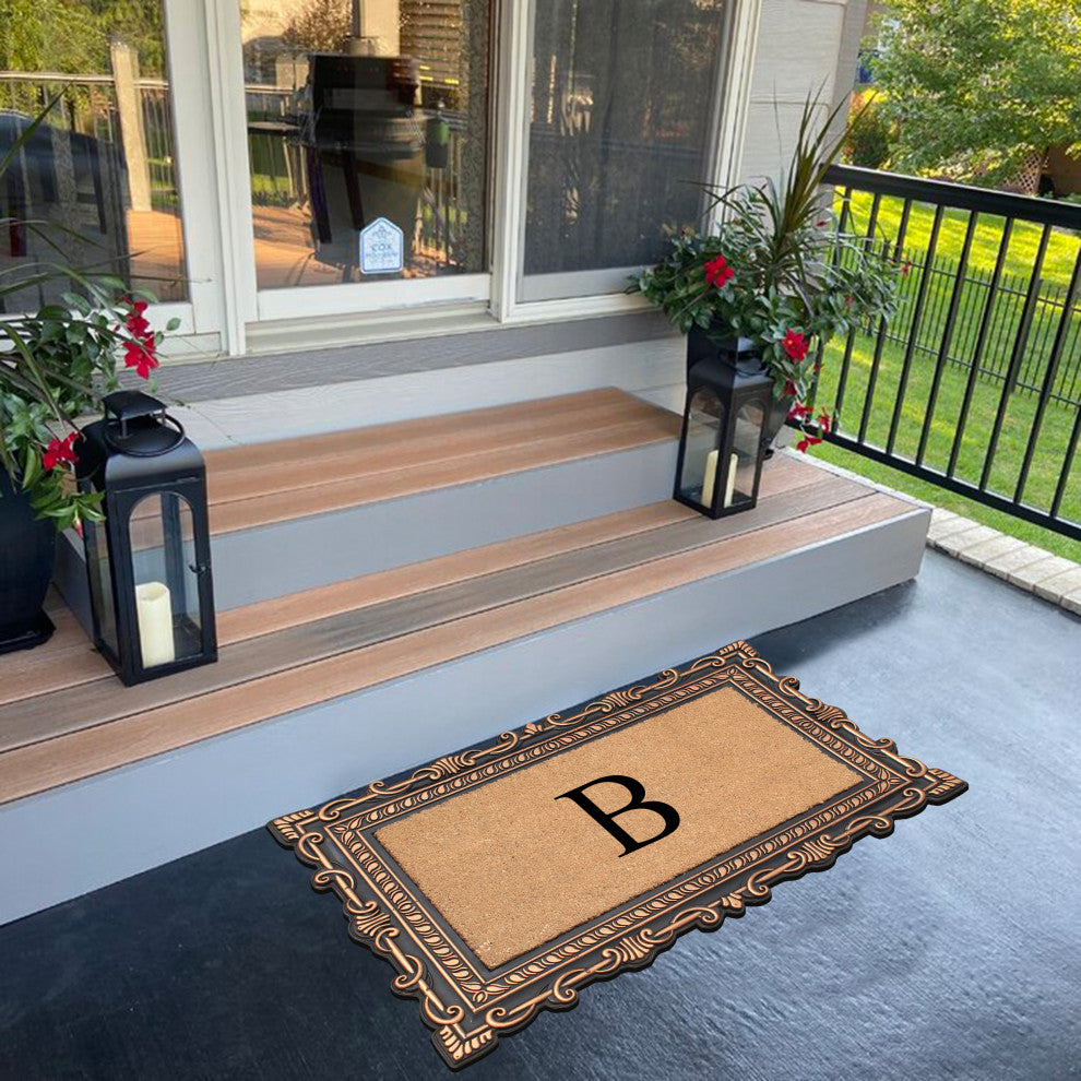 Carson Bronze/Beige Rubber And Coir 24"x36", Monogrammed Doormat, B