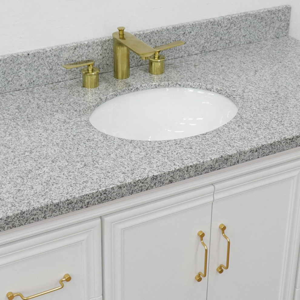 49" Single Sink Vanity, White Finish With Gray Granite and Oval Sink