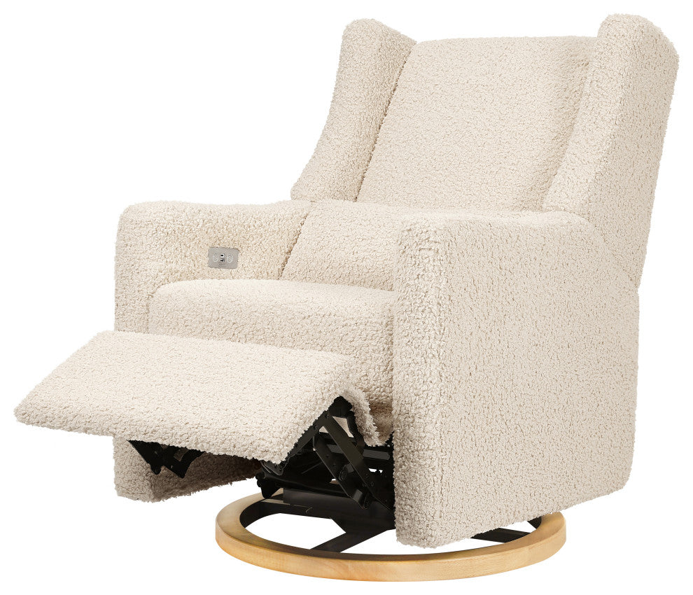 Kiwi Electronic Recliner and Swivel Glider With USB port, Almond Teddy Loop With Light Wood Base