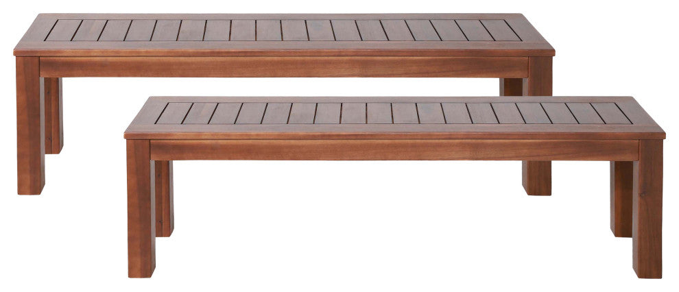 Ebany Outdoor Acacia Wood Dining Bench (Set of 2), Dark Brown