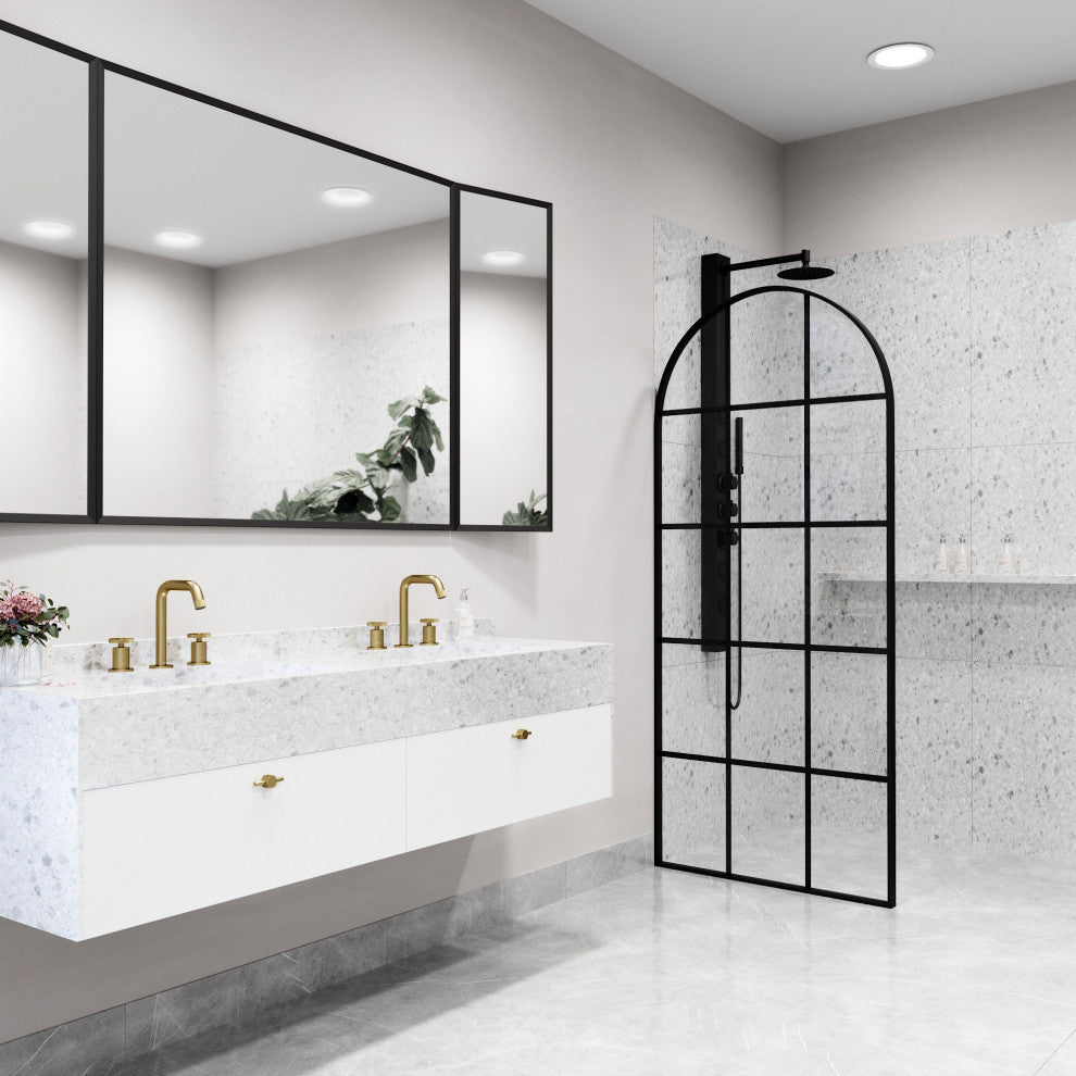 VIGO Arden 34" W x 78" H Framed Fixed Shower Screen, Matte Black Grid, Clear Glass
