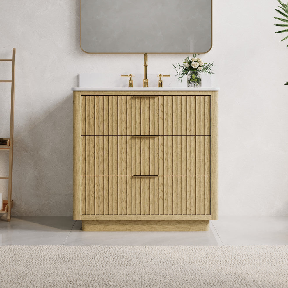 Solid Wood Freestanding Bathroom Vanity with White Quartz Top and Backsplash, 36"